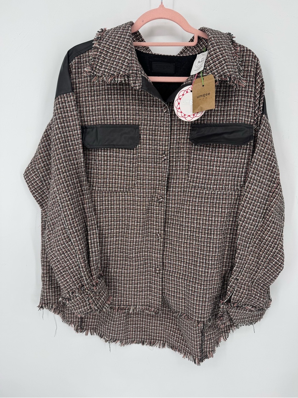 Umgee Tweed Shacket Frayed Overshirt Jacket Boho Chic Fall Layer NWT Size Medium